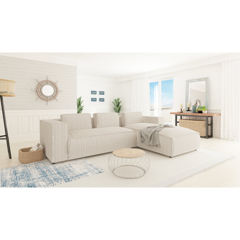 Modern L-Shape Corner Sofa  Made of Cord with Soft Seat, Beige, Right Hand Facing