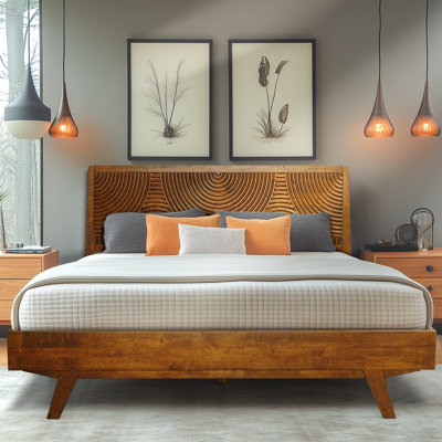 Solid  Wood Platform Bed Frame with Headboard – Mid-Century Modern Style, Carved Wood Grain, Easy Assembly with Smart Tool, No Box Spring Needed