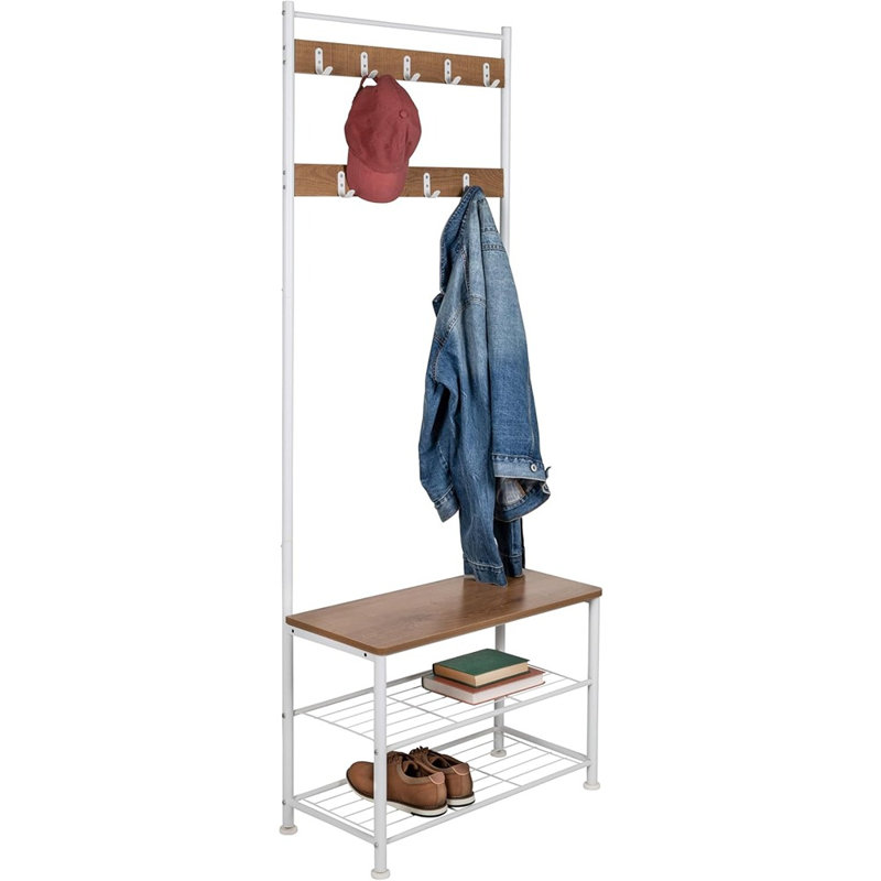 Arbre d'entrée avec banc et rangement pour chaussures - blanc / noyer, organisateur de hall d'entrée multifonctionnel avec crochets et sièges