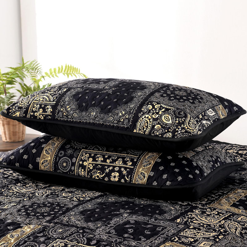 Ensemble de courtepointe 3 pièces à motif floral et motif cachemire Boho, Courtepointe pour très grand lit et 2 taies d'ore