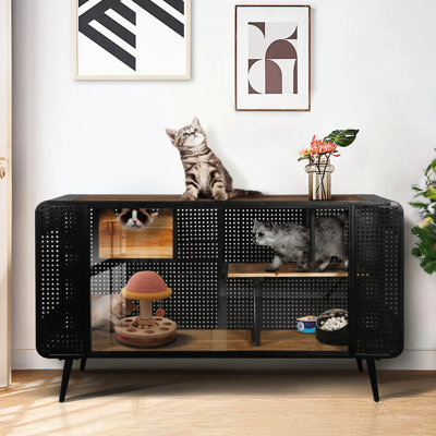 Niche pour chat en verre trempé de 138,5 cm (54,55 po) - Construction robuste en bois et fer, intérieur spacieux, aspect noir et brun, facile à assembler, rangement soigné, avec portes, cadre en sapin, convient à différentes pièces