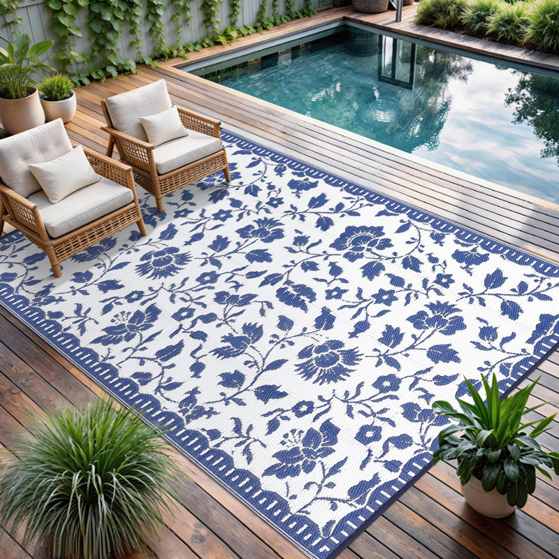 Outdoor Rug Waterproof Reversible, Floral Plastic Straw Patio Rug