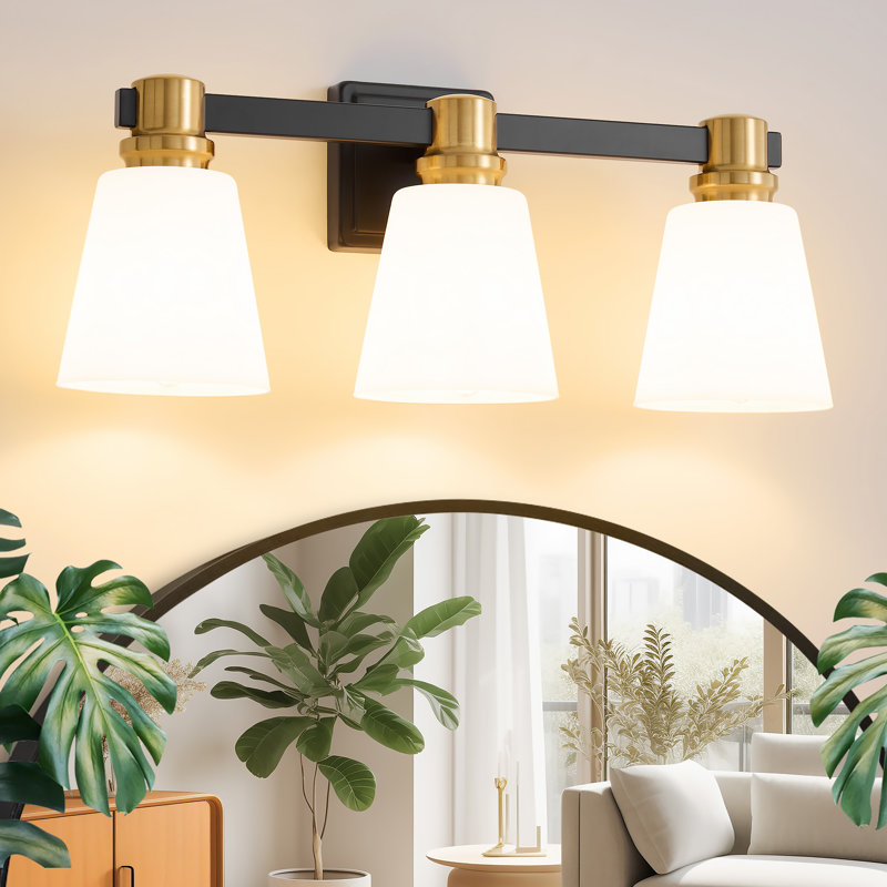 Luminaire de meuble-lavabo avec abat-jour opale Parker, Noir mat / Or, 3