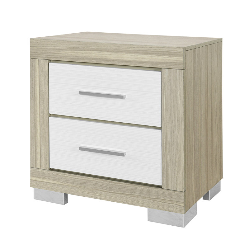 Table de chevet transitionnelle carrée naturelle et blanche à deux tiroirs avec joints, poignées de bar spacieuses, tiroirs de style bloc, pour chambre à coucher, bois massif et blanc, tiroir, carré, table de chevet, tiroirs