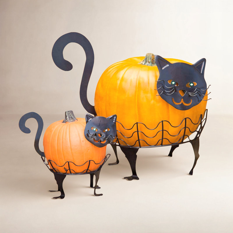 2 Piece Cat Pumpkin Holder Figurine Set