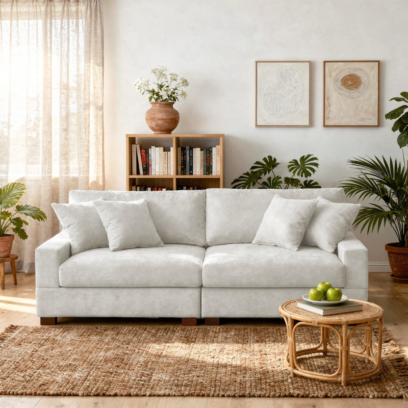 2 - Piece Upholstered Offwhite Chenille Modular Sectional Sofa with Armrests & Throw Pillows, Off White