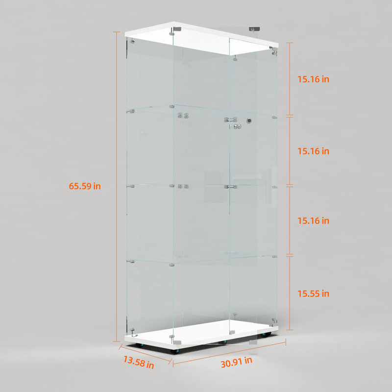 Abbott 65.59" Tall Glass Display Abbott with LED Lights&Rolling Wheels, Curio Glass Abbott with 4 Shelves with 2 Door, Quick-Install Style Floor Standing Bookshelf File Abbott for Home Office