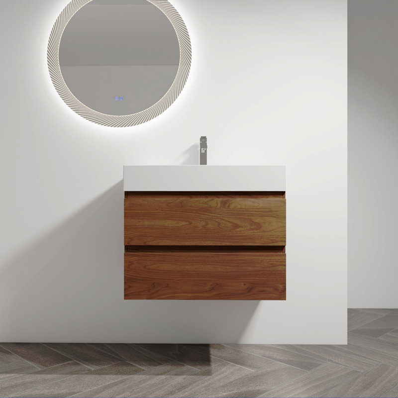 Meuble-lavabo mural 30 po avec lavabo en résine, 2 tiroirs à fermeture en douceur, ensemble KD, Brown Oak, 30"