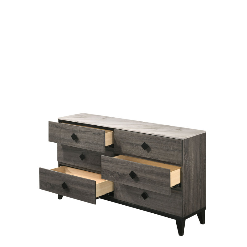 Avantika Faux Marble Top & Rustic Gray Oak Finish Dresser, Gray
