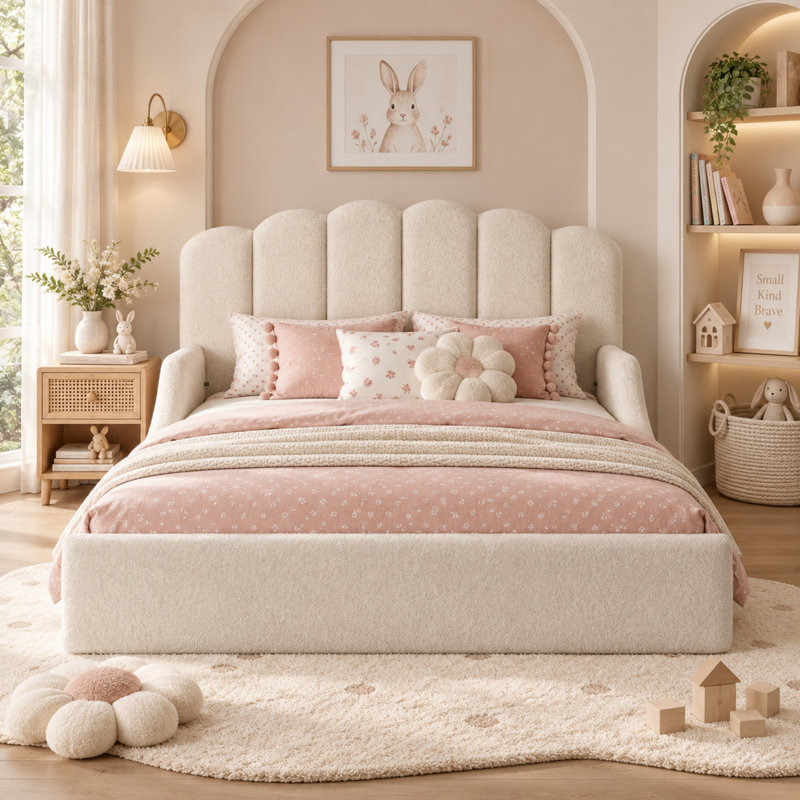 Lit de sol Queen Size en tissu Teddy avec tête de lit festonnée, cadre rembourré, design discret et sommier à lattes., Queen