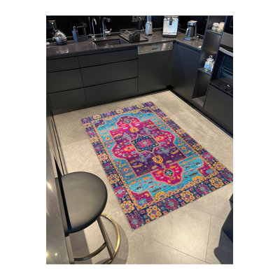 Tapis décoratif bleu et rose à motif traditionnel lavable à la machine