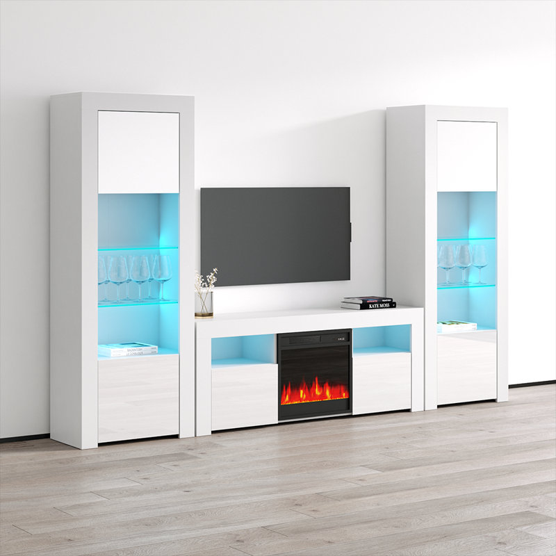 Meuble audio-vidéo Earle pour téléviseur de 65 po ou moins avec foyer électrique Earle, Blanc