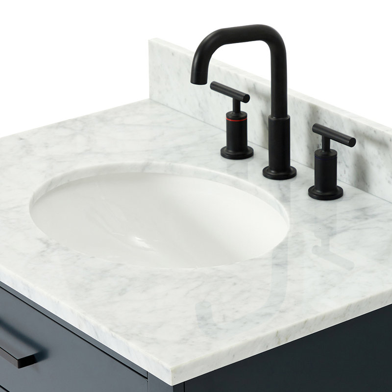 Meuble-lavabo simple en bois massif 48 po avec lavabo en marbre de Carrare 0,75 po Jameal, Ovale, Bleu minuit, 30"