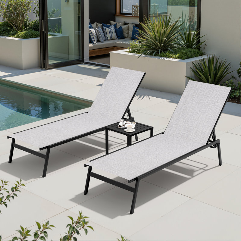 Esko Metal Stacking and Reclining Outdoor Chaise Lounge Set with Side Table, Earth