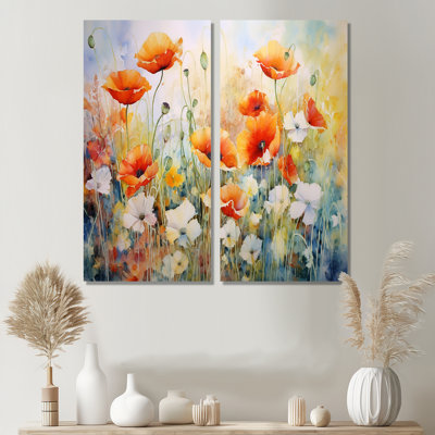 Blooming Red White Poppy Flowers In The Meadows - Floral Poppies Wall Decor