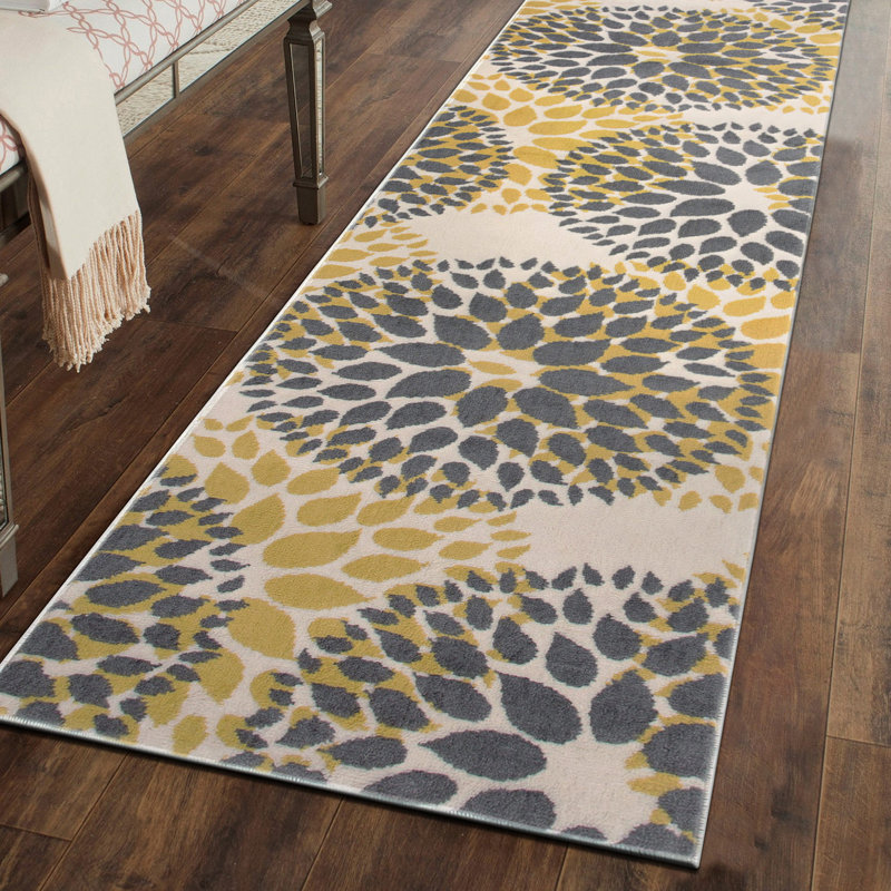 Floral Yellow/Dark Gray/Ivory Area Rug, Runner 2' X 10'