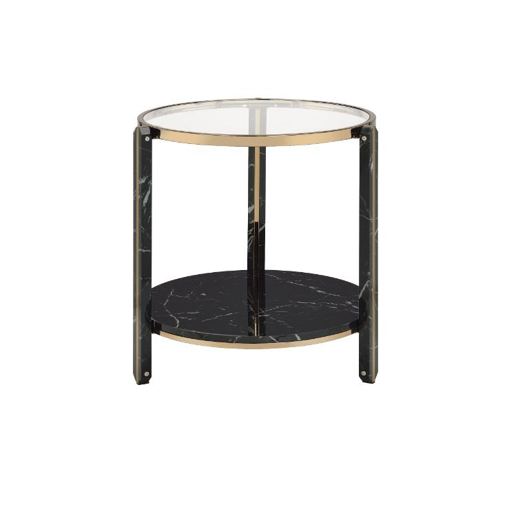 Round Glass and Faux Black Marble End Table with Champagne Trim