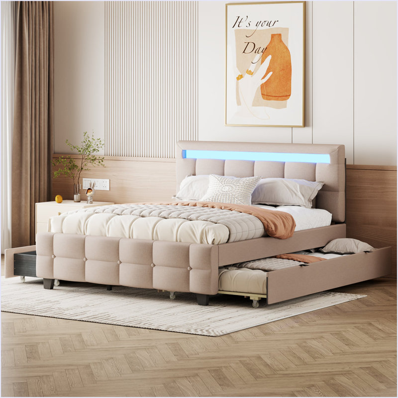 Grand lit plateforme tapissier avec structure à DEL, lit gigogne simple TG et 2 tiroirs, tissu en lin, Beige