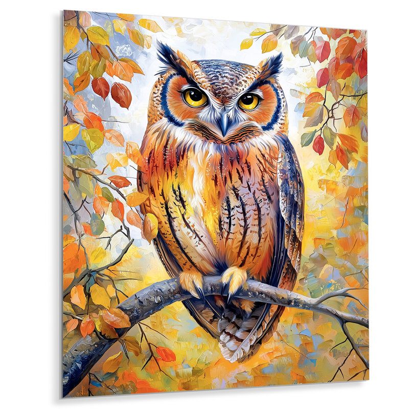 Décoration murale en métal «Autumn Wise Owl Wisdom II - Animals», impression en métal hibou, H 44 po x l 34 po