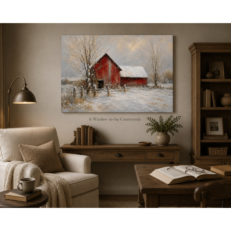 Winter Barn Stillness - Paysage de campagne enneigée, art mural sur toile, 30"H x 40"W x 1.5"D
