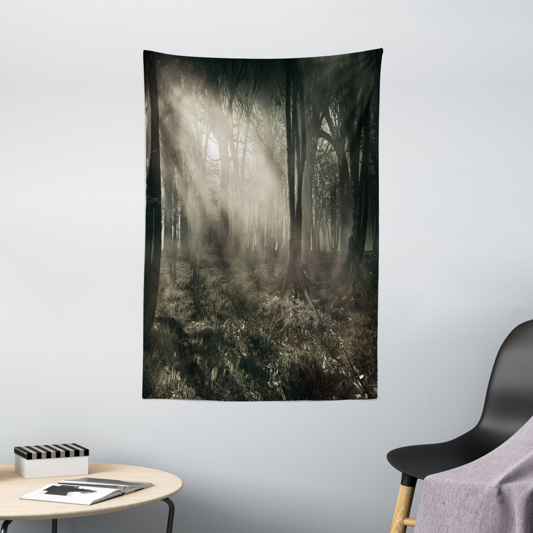 Wandbehang Foto von dunklen Waldlandschaft Sonnenstrahlen und Nebel Vintage nostalgischen Farben