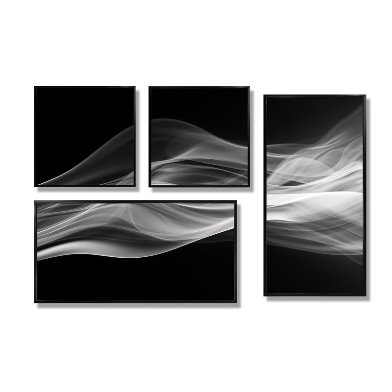 «Black White Contemplative Abstraction II», art mural moderne sur toile 4 pièces, Impression encadrée sans passe-partout