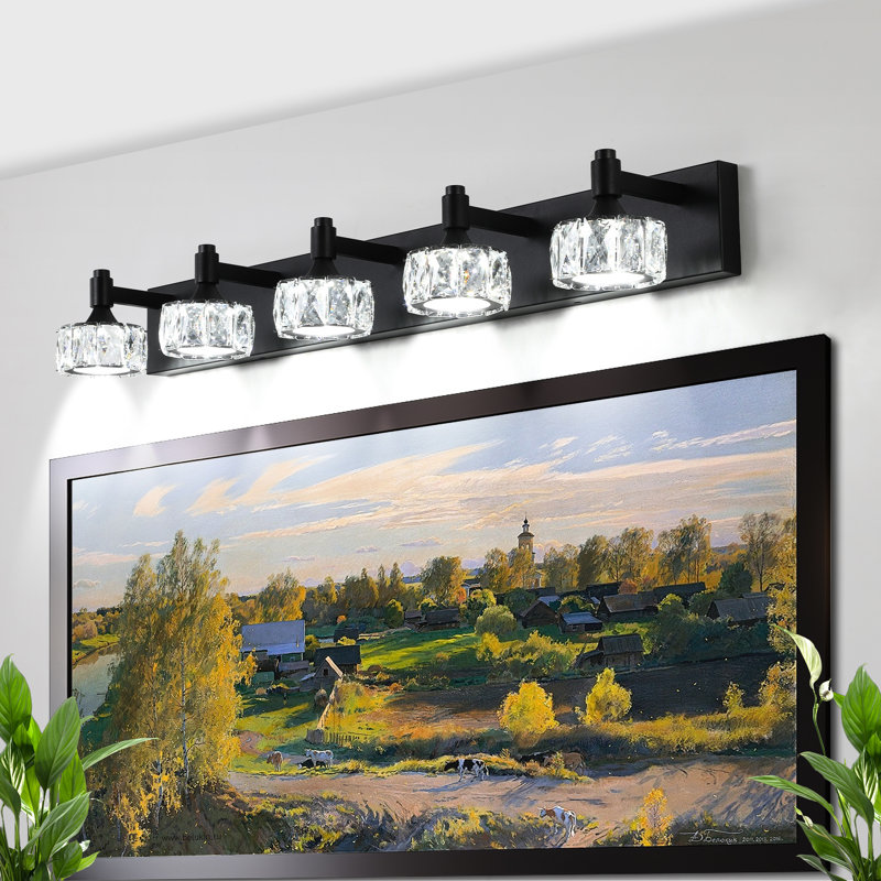 Crystal Glass Shade Matte Black Led 5- Bathroom Vanity For Decor Sconce With 5 Shades Ambiance, 7.8" H x 36.91" W x 4.79" D