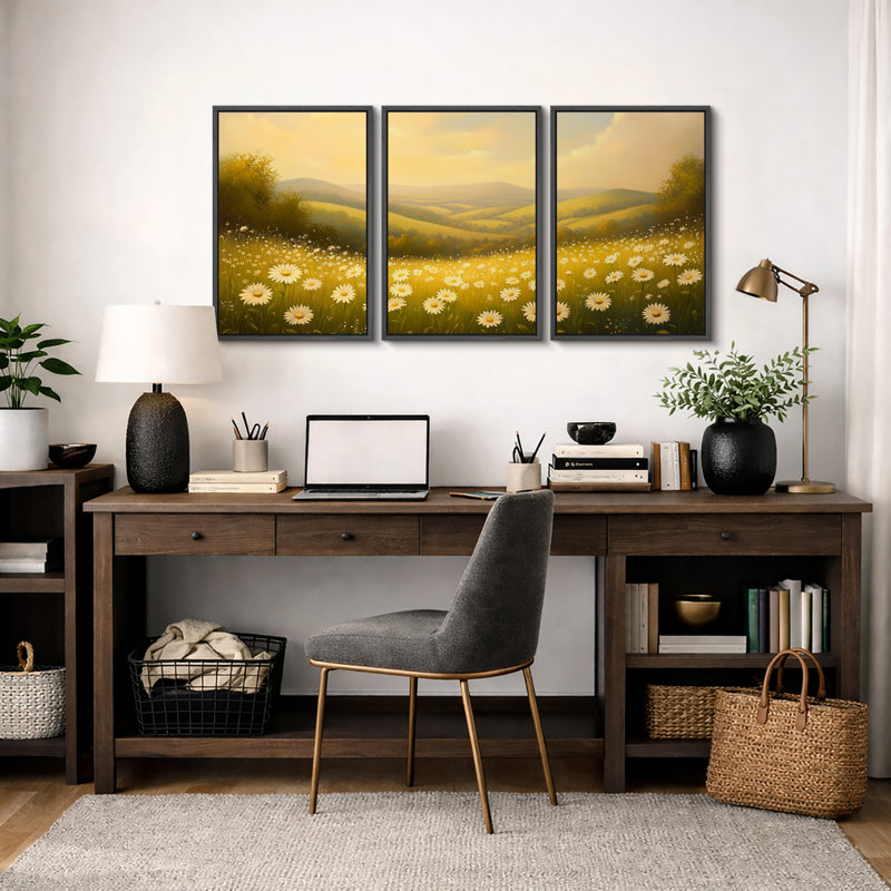 Golden Daisy Meadow, Cadre flottant noir, H 24 po x l 48 po