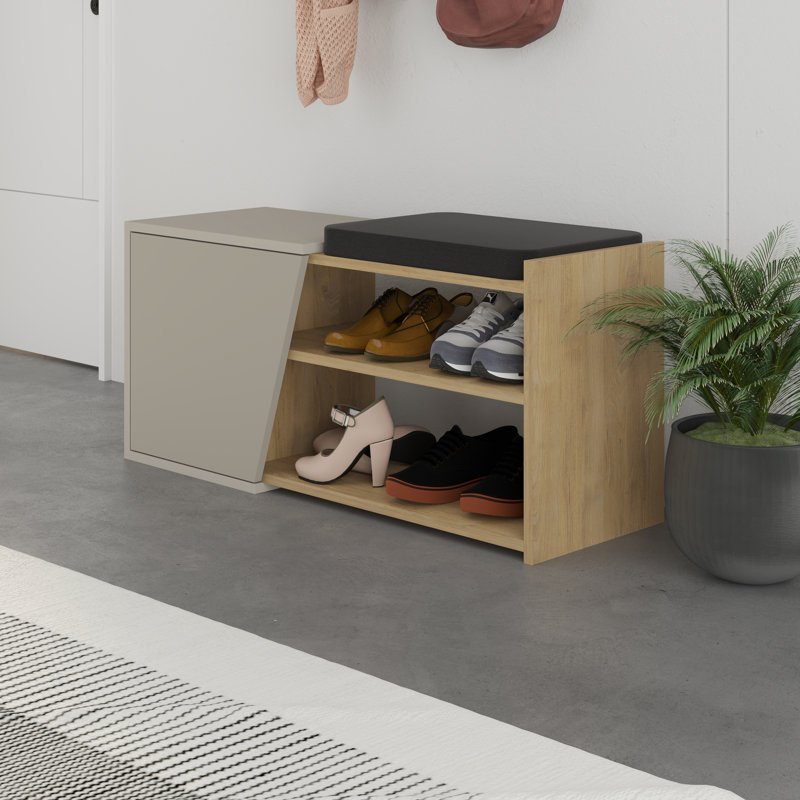 Aero Upholstered Storage Bench Entryway & Hallway Seating with Shoe Storage, Sandstone/Sapphire Oak
