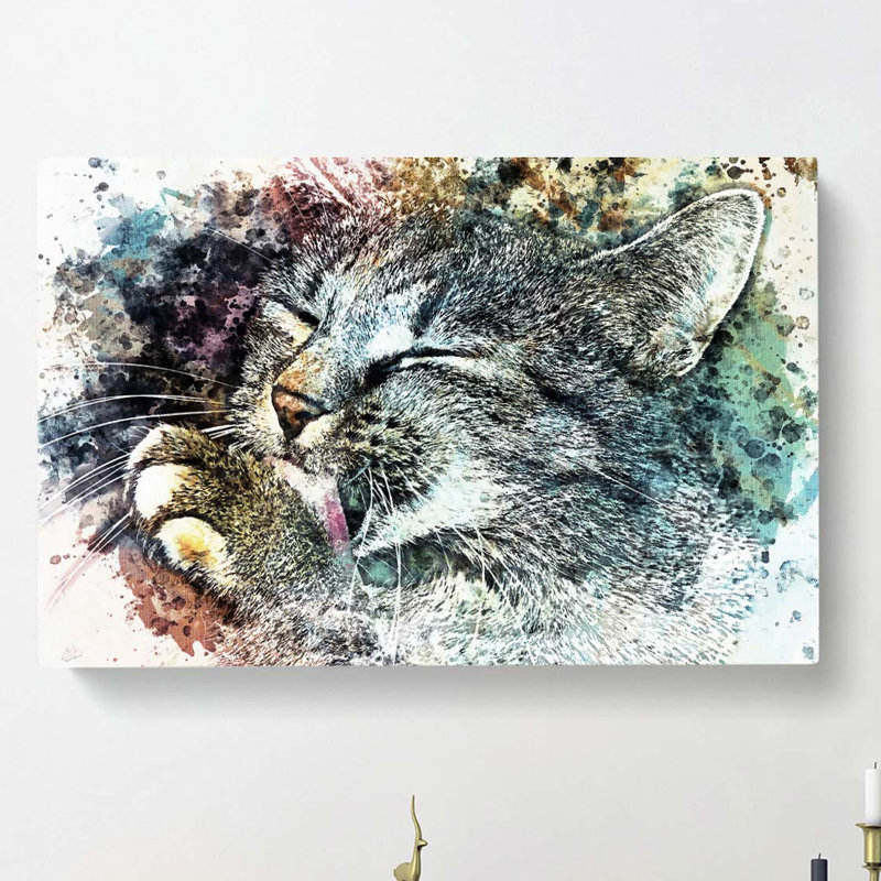 Cat Licking Its Paw in Abstract - Wrapped Canvas, 60cm H x 91cm W x 3cm D