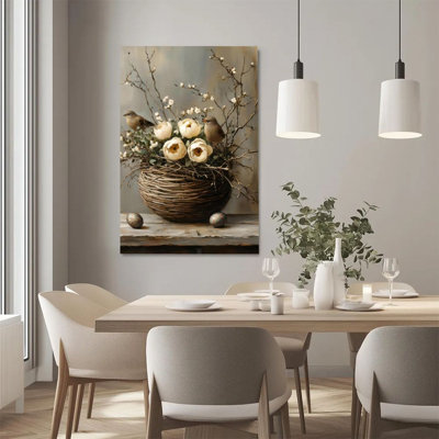 2D Flat, 1Pc Framed Canvas Wall Art, Spring Birds and Flowers, Wicker Basket with Colored Eggs, Realistic Still Life Oil Painting Style Art Print Canv