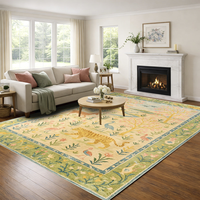 Machine Washable Boho Animal & Floral Area Rug Non-Slip Backing Green/Beige/Pink Carpet for Living Room, Bedroom, Kids Room, Nursery