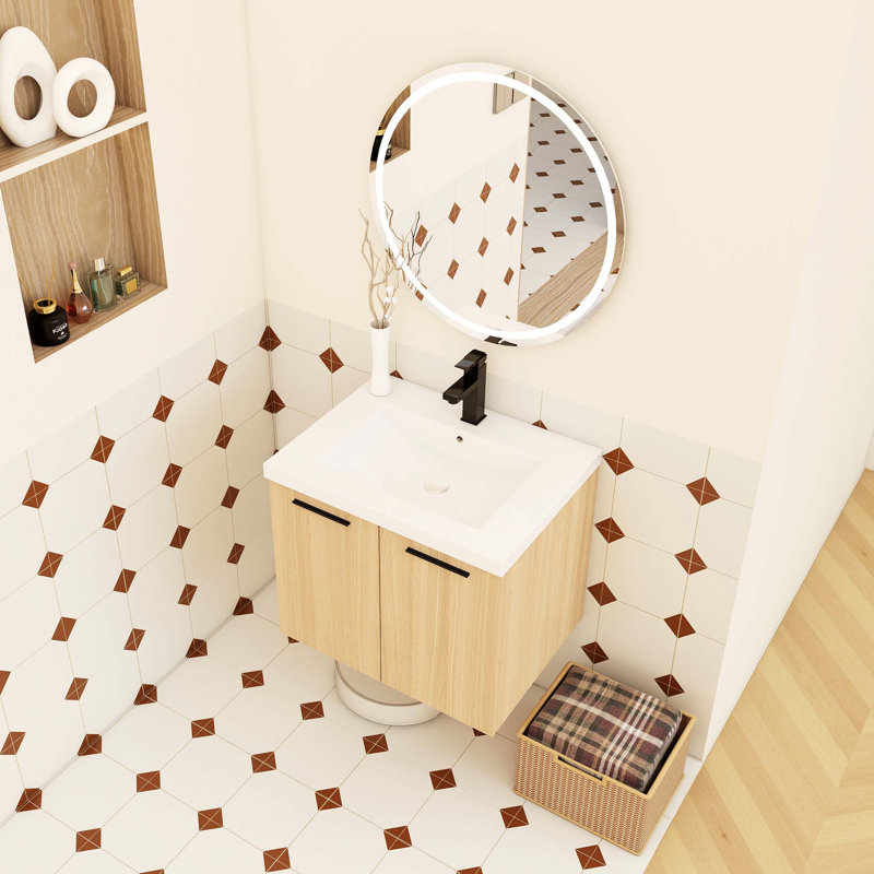 Meuble-lavabo flottant 24 po en contreplaqué de chêne clair avec lavabo, rangement mural à double porte, ensemble de 2 pièces avec comptoir en résine inclus