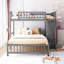 Lit superposé simple en bois au-dessus d'un lit double gris avec rangement à six tiroirs et options de tablettes flexibles, possibilité de montage