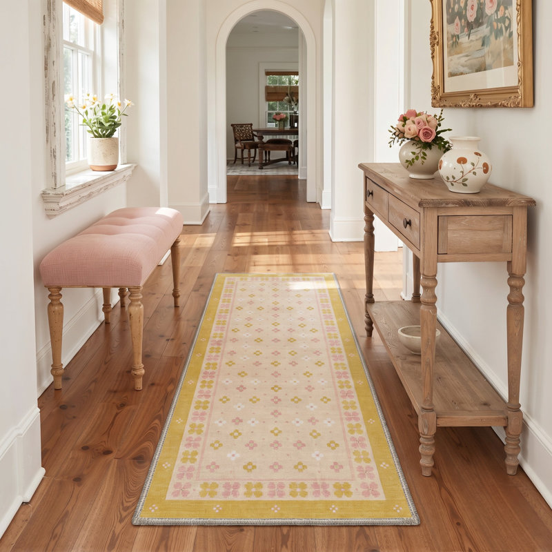 Tapis de couloir floral jaune / ivoire lavable à la machine avec envers antidérapant, Tapis de couloir 2 pi x 6 pi