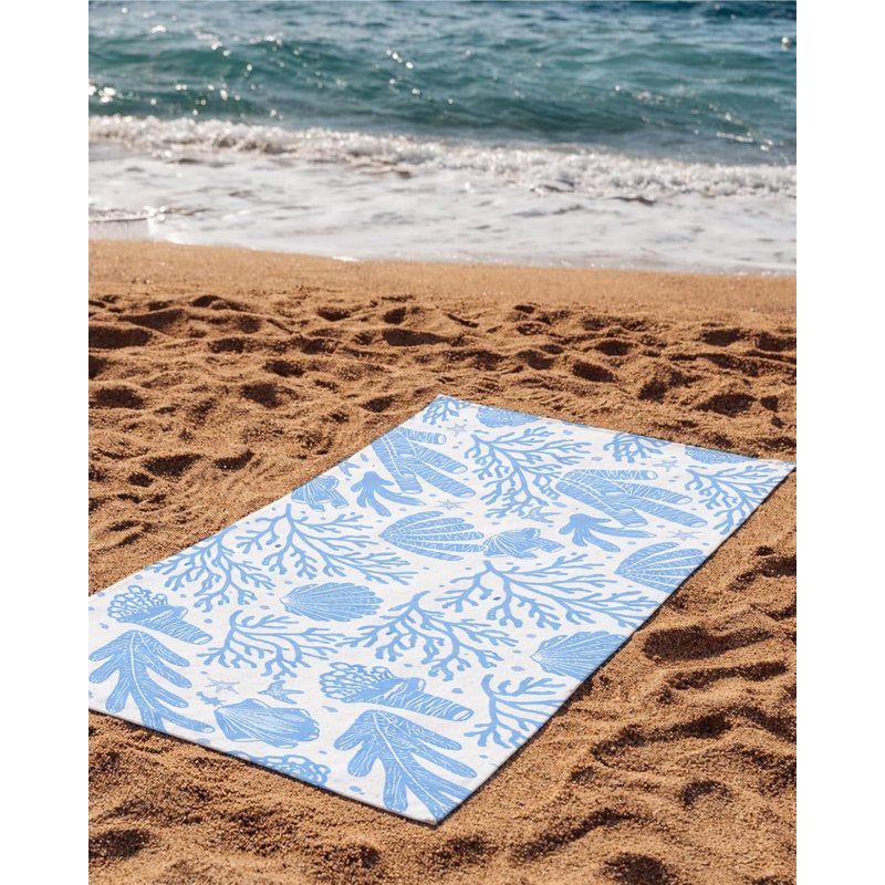 Blue Coastal Beach Towel 30x63 Inch, Ocean Seashell Coral Pattern Polyester Towel for Beach Pool Bathroom Travel Camping