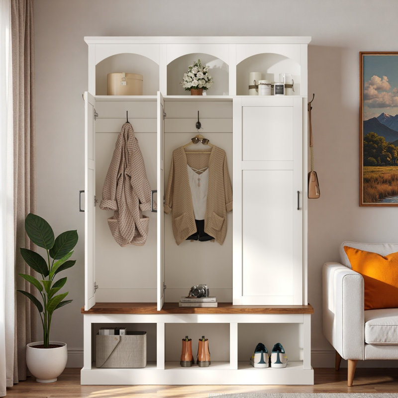 Farmhouse Arched Design Hall Tree With 3 Hidden Storage, 5 Hooks, Compartments Amd Bench, White
