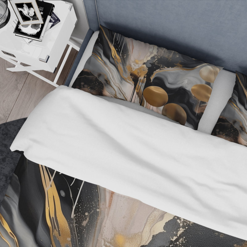 Gray and Gold Abstract Marble Microfiber Duvet Cover Set