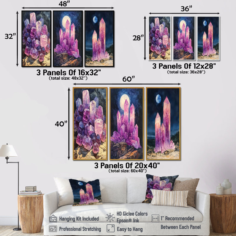 Cristaux énergétiques roses et mauves à la lune I - collection d'art mural Crystals, Toile tendue, H 28 po x l 36 po