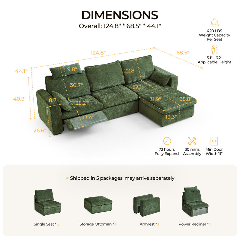 4-seater Chenille Oversized Power Recliner Sofa With Headrest, Extra Wide Modular Cloud Sectional Reclining Couch, Convertible With Storage Ottoman For Home Theater Living Room