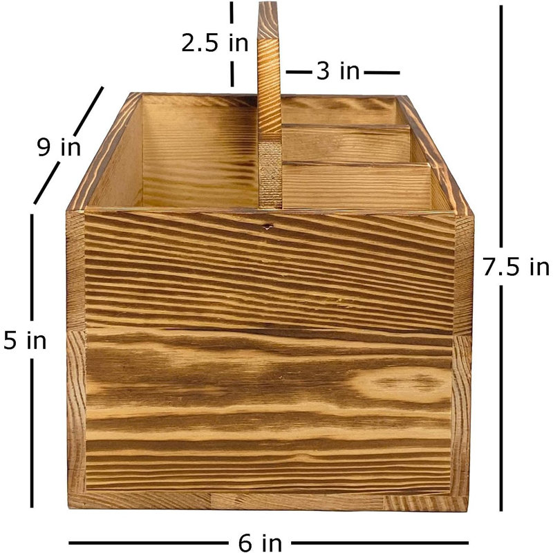 Utensil And Napkin Holder Flatware Caddy With Handle In Rustic Wood For Forks, Spoons And Knives, Silverware Organizer