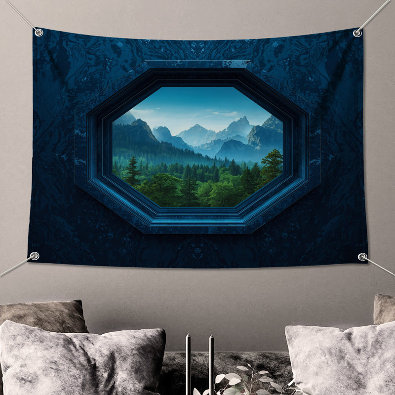 Tapisserie murale «Mountain Window View» - paysage mural, H 50 po x l 60 po avec 4 œillets