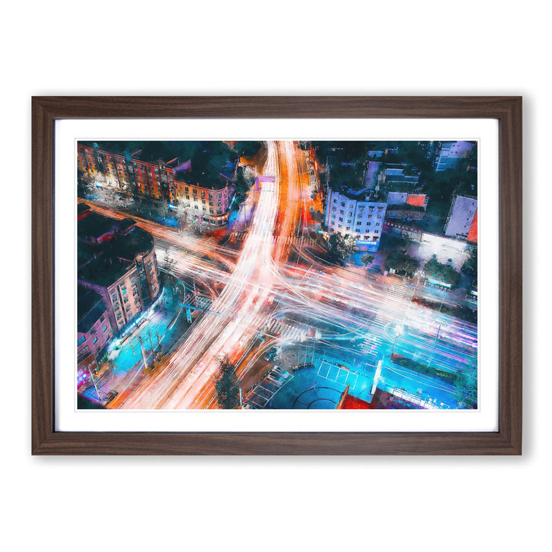 Urban City Lights - Picture Frame Graphic Art Print, 62cm H x 87cm W x 2cm D, Walnut Framed