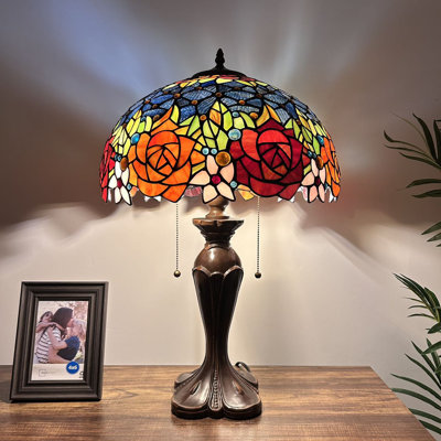 Godric Tiffany Table Lamp Stained Glass Rose Flowers LED Bulbs Included 16"W*16"D*24"H