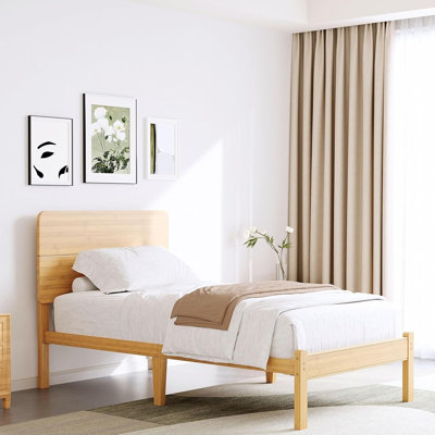 Lit plateforme simple en bambou avec tête de lit, structure en bois massif, lattes métalliques robustes, conception silencieuse, montage facile, finition naturelle