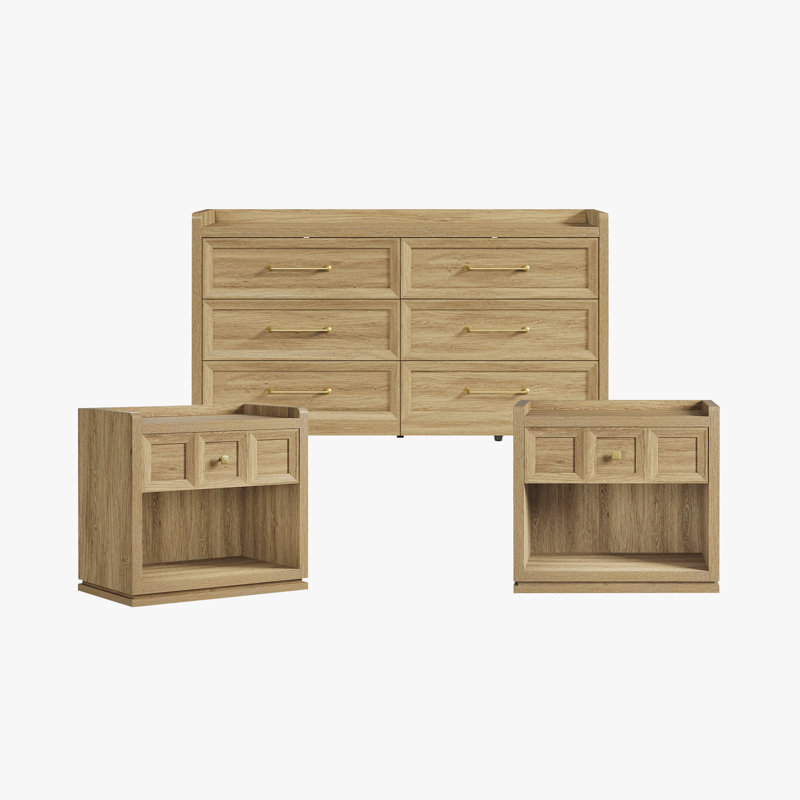 Ensemble de chambre à coucher moderne 3 pièces (commode + 2 tables de chevet), Chêne brun