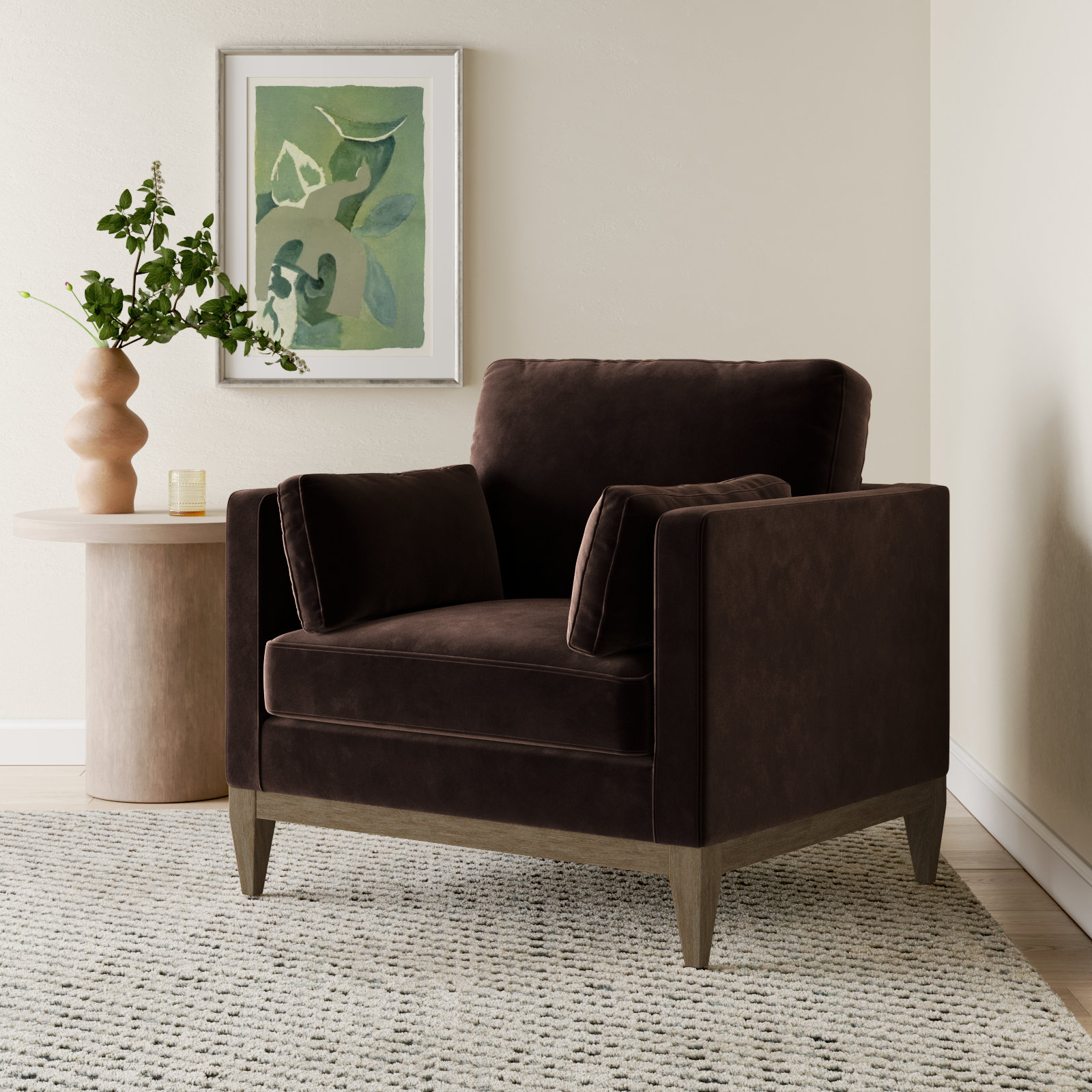 Pera Pine Armchair, Deep Brown Velvet