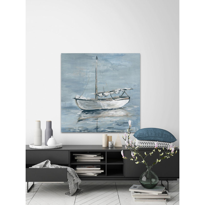 Small White Boat by Parvez Taj - Wrapped Canvas Painting, 30 cm H x 30 cm W