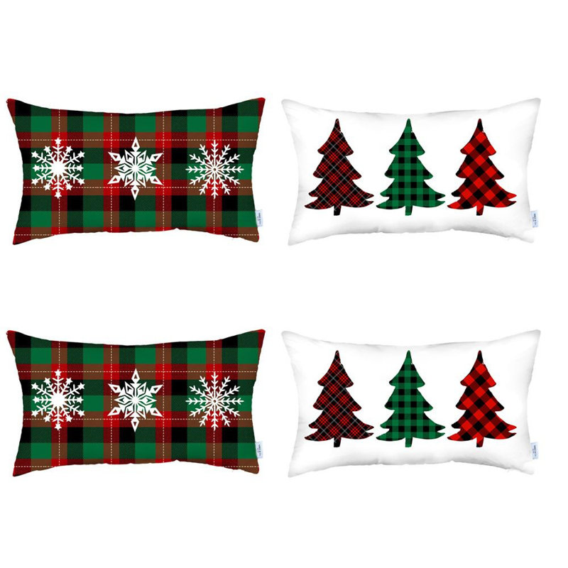 Red and White Polyester Christmas Tree Plaid Throw Pillow Covers, 12 x 20 in, Set of 4