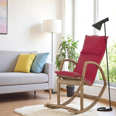 Chaise berçante moderne à haut dossier rouge avec structure en bois massif et rembourrage en éponge confortable rembourré pour une détente douce dans les chambres à coucher